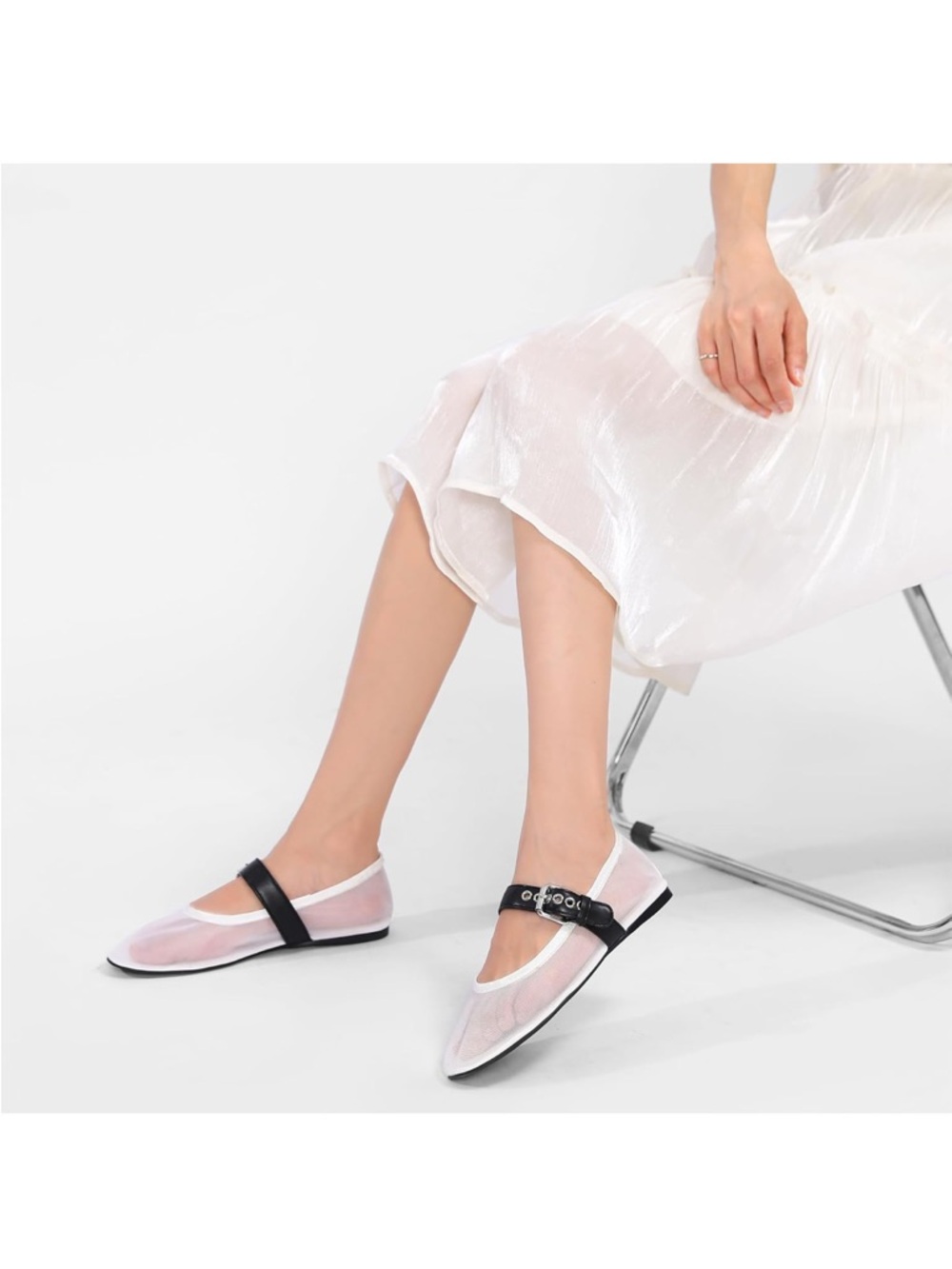 Women’s Sheer White Mary Jane Flats with Black Strap